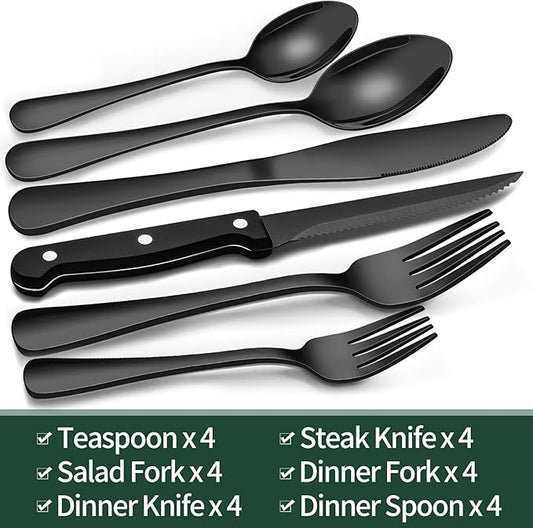 24-Piece Black Silverware Set with Steak Knives, Black Flatware Set for 4, Food-Grade Stainless Steel Tableware Cutlery Set, Mirror Finished Utensil Sets for Home Restaurant