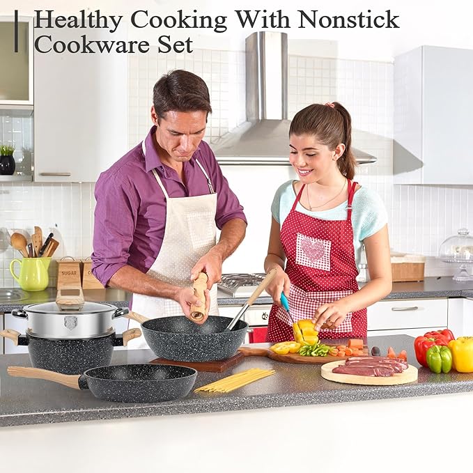 12 Pcs Pots and Pans Set, Nonstick Cookware Sets Black Granite Induction Cookware, Non-toxic Healthy Non Stick Kitchen Cooking Set with Frying Pans Set, Saucepans,Steamer (PFAS, PFOA, PFOS Free)