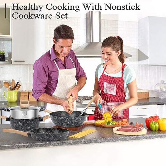 12 Pcs Pots and Pans Set, Nonstick Cookware Sets Black Granite Induction Cookware, Non-toxic Healthy Non Stick Kitchen Cooking Set with Frying Pans Set, Saucepans,Steamer (PFAS, PFOA, PFOS Free)